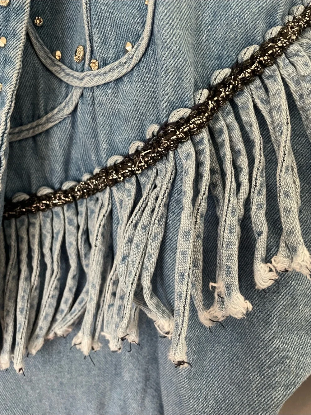 Vintage cache western fringe rhinestone denim jacket size M - Picture 4 of 10